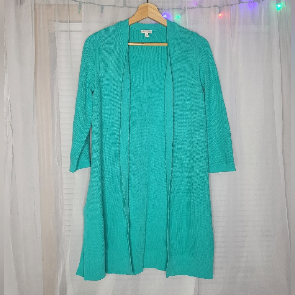 Talbots Open Front Knit Cardigan Medium Teal Blue Side Slits Cotton Long Line